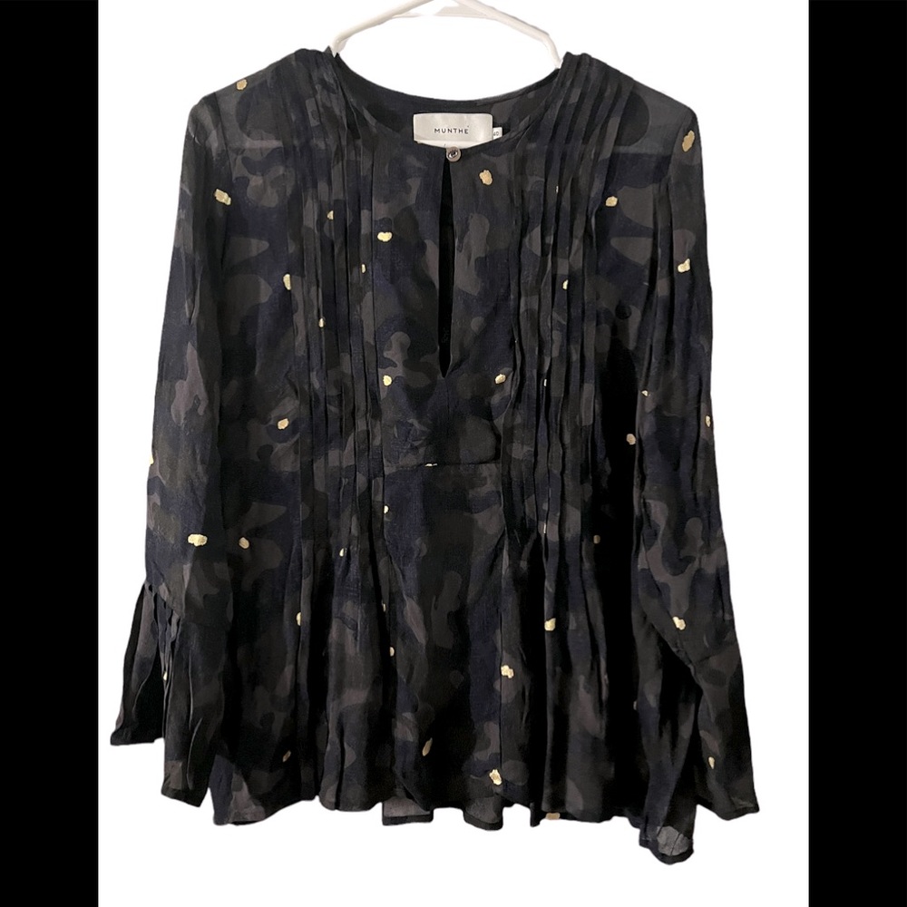 Munthe Camo Print Gold Accent Long Bell Sleeve Size 40 Keyhole Neck Semi Sheer